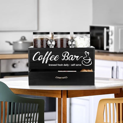 3 Pcs Coffee Canister Set with Shelf and Spoon Plastic Coffee Bean Storage Container with Lids Coffee Storage Box with Drawer Food Storage Jars for Coffee Bar Kitchen (Black)