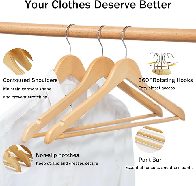 Natural Wooden Coat Hangers, Durability Wood Suit Hangers with Non Slip Pant Bar, Solid Wooden Clothes Hangers with Wide Shoulder Design for Shirts, Jackets, Dress, Pants, Sweaters, 30 Pack