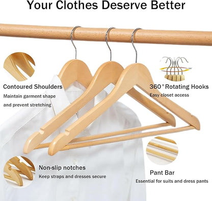 Natural Wooden Coat Hangers, Durability Wood Suit Hangers with Non Slip Pant Bar, Solid Wooden Clothes Hangers with Wide Shoulder Design for Shirts, Jackets, Dress, Pants, Sweaters, 30 Pack