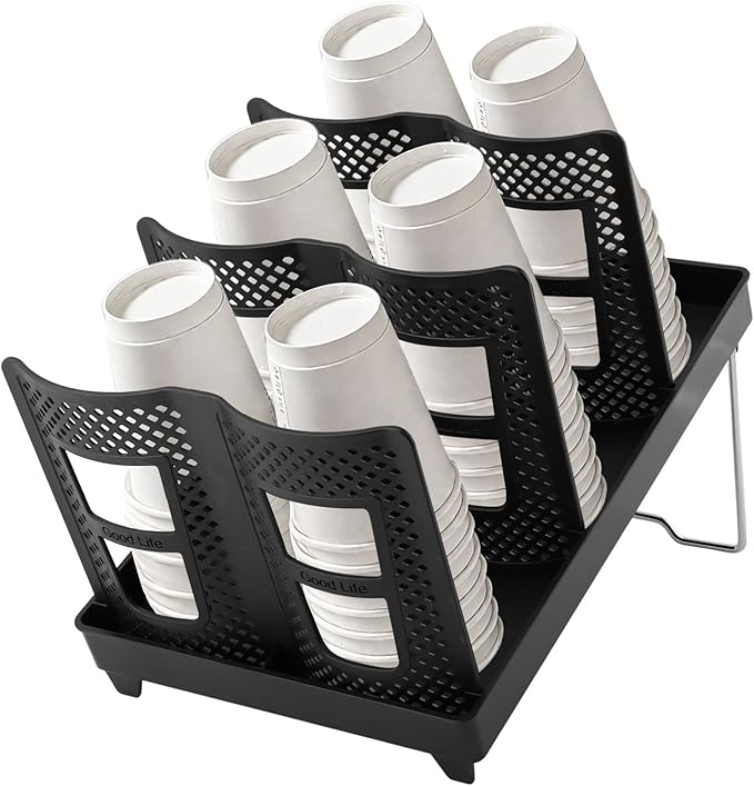 Paper Cup and Lid Holder, Coffee Cup Holder Organizer, 6-Slot Disposable Cups Dispenser with Stand for Coffee Stations, Kitchens, Bars, Restaurants, Lounges(Color:Black)