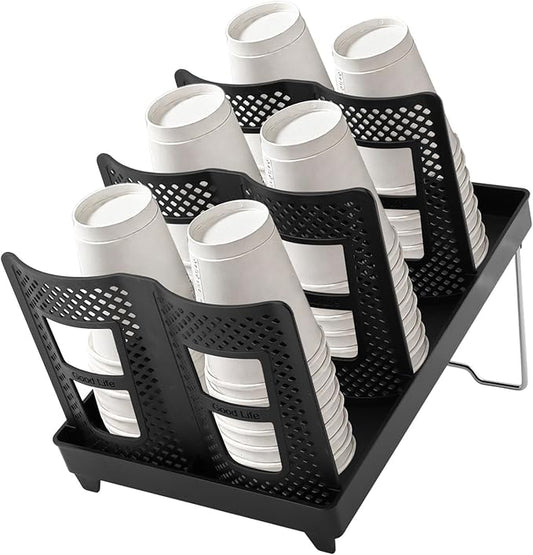 Paper Cup and Lid Holder, Coffee Cup Holder Organizer, 6-Slot Disposable Cups Dispenser with Stand for Coffee Stations, Kitchens, Bars, Restaurants, Lounges(Color:Black)