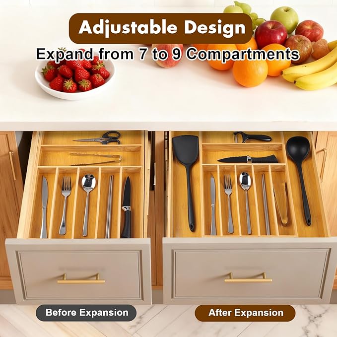 Bamboo Drawer Organizer, Expandable Flatware Cutlery Tray, 9 Slots Adjustable Kitchen Utensil Drawer Dividers Silverware Tray Holder for Spoons, Forks, Knives (Natural)