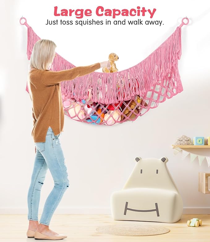 Stuffed Animal Hammock - Extra Large 63'' Long, Stuffed Animal Storage, stuffed animal Holder net, Hammock Large, Storage Hanging Organizer - Pink