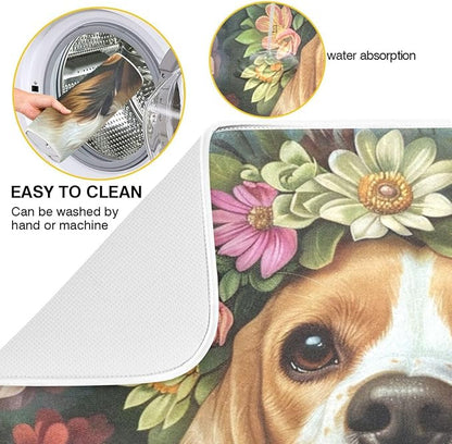ZzWwR Beautiful Beagle Dog in Flowers Wreath Painting Absorbent Dish Drying Mat Microfiber Kitchen Countertop Table Protector Multi-Purpose Counter Rack Sink Drainer Pad (16 x 18 Inches)