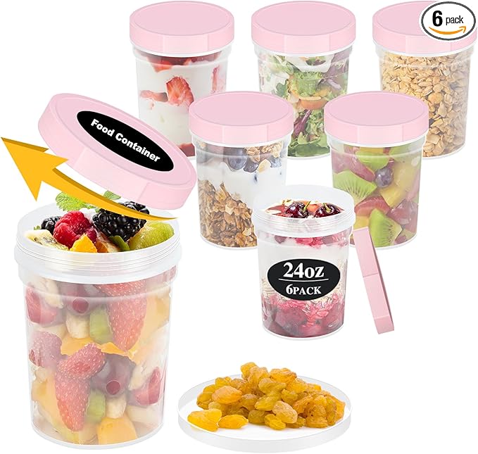 LEAWALK Reusable Food Freezer Storage Containers with Lids, BPA Free Twist Top Deli Container, Leak Proof, Stackable, Microwave and Dishwasher Safe (6, Pink (24oz-6Pack), 24oz)