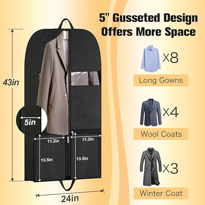 43" Garment Bags for Closet Storage and Travel, Gusseted Hanging Garment Bags for Men Women with Pockets Handles and Zipper, Suit Cover Bags for Clothes, Suits, Dress, Shirts, Coats, Jackets