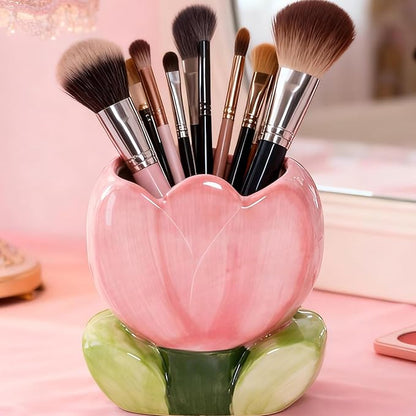 Cute Toothbrush Holder Pen Holder for Desk Pink Vase Decor Aesthetic Pencil Holder for Office Makeup Brush Holder Kawaii Desk Accessories Tulips Home Decor Birthday Gifts for Women