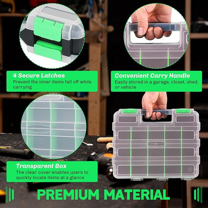 Small Parts Organizer 2 Pack | Storage Case Tools Box 34-Compartments Double Side Organizer Box with Removable Dividers for Small Hardware, Screws, Bolts, Nuts, Nails, Beads (Green)