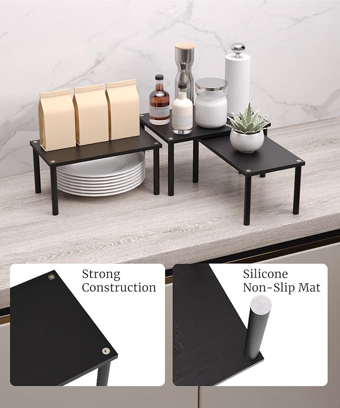 Cabinet Organizer Shelf(Set of 3),Bamboo Kitchen Counter Shelves for Countertop and Cabinet,Stackable Shelf Spice Racks,Medium (Black)
