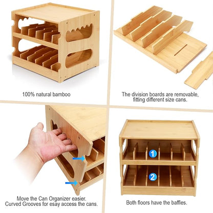 PLITTPETTS Bamboo Can Organizer for Pantry, 2 Tier Bamboo Pantry Organizer for Kitchen Counter, Cat Food Storage Holds Up to 36 Cans, Can Rack Organizer for Human and Pet Food Cans, FIFO Design