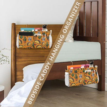 CuwrYet Bedside Caddy Hanging Bunk Bed Caddy Bed Organizer Hanging Pocket with 2 Hooks Bedside Storage Organizer Pocket Bag Holder Orange Mexico Tacos Chilis Skulls