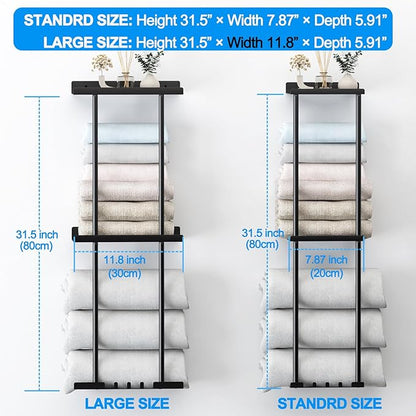 Towel Rack for Bathroom, Wall Mounted Vertical Rolled Towel Storage Organizer Holder with Shelf, Holds Up 6 Large Bath Sheets, Gold Large Size