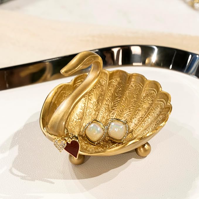 YACSNBF Swan Brass Jewelry Dish Tray,Gold Decorative Ring and Trinket Holder-Decorative Trinket Dish for Rings Earrings Necklaces Bracelet Watch Keys, Birthday Mother's Day Christmas Gift for Women