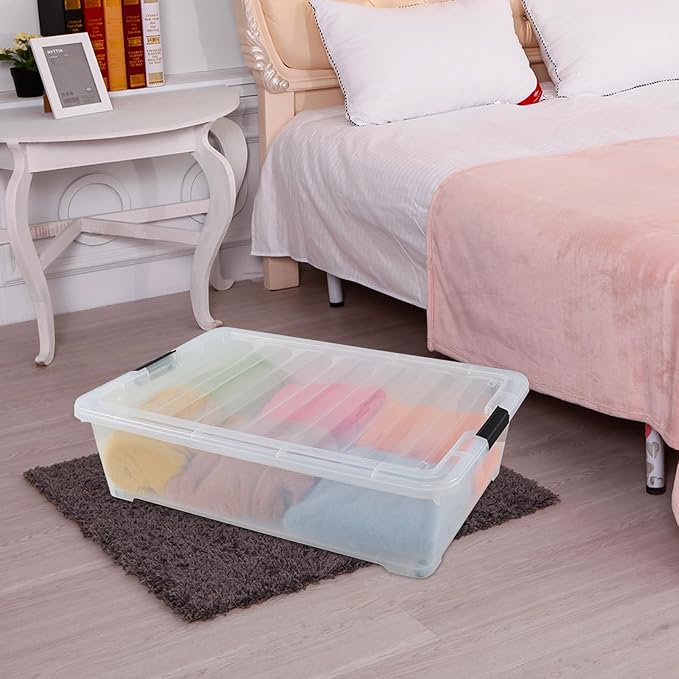 Buyitt 50 Quart Wheeled Latching Storage Box, Stackable Bin with Latch Lid, Plastic Container to Organize Shoes Underbed (3 Pack)
