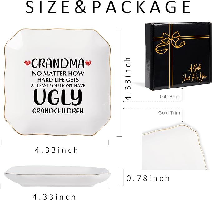 Jelershy Grandma Gifts Jewelry Dish Ring Tray, Grandmother Birthday Gifts for Grandma Christmas Valentines Mother's Day Gift from Grandkids-No Matter How Hard Life...You Don't Have Ugly Grandchildren