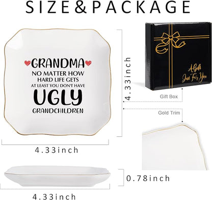 Jelershy Grandma Gifts Jewelry Dish Ring Tray, Grandmother Birthday Gifts for Grandma Christmas Valentines Mother's Day Gift from Grandkids-No Matter How Hard Life...You Don't Have Ugly Grandchildren