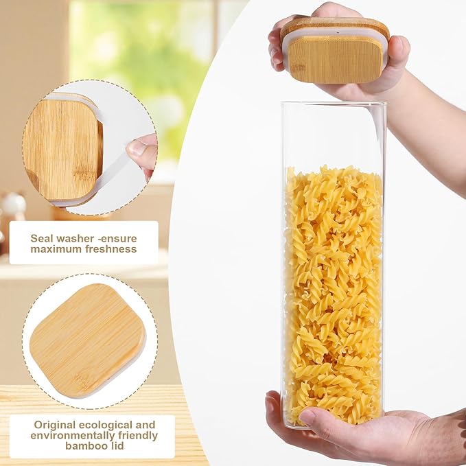 Glass Food Storage Jars with Lids(2.2QT)Square Set of 3 ,Glass Storage Containers Clear Glass Food Canister with Bamboo Lid Airtight For Serving Tea, Coffee Beans, Flour,Cookie, Cereal,Spice and More