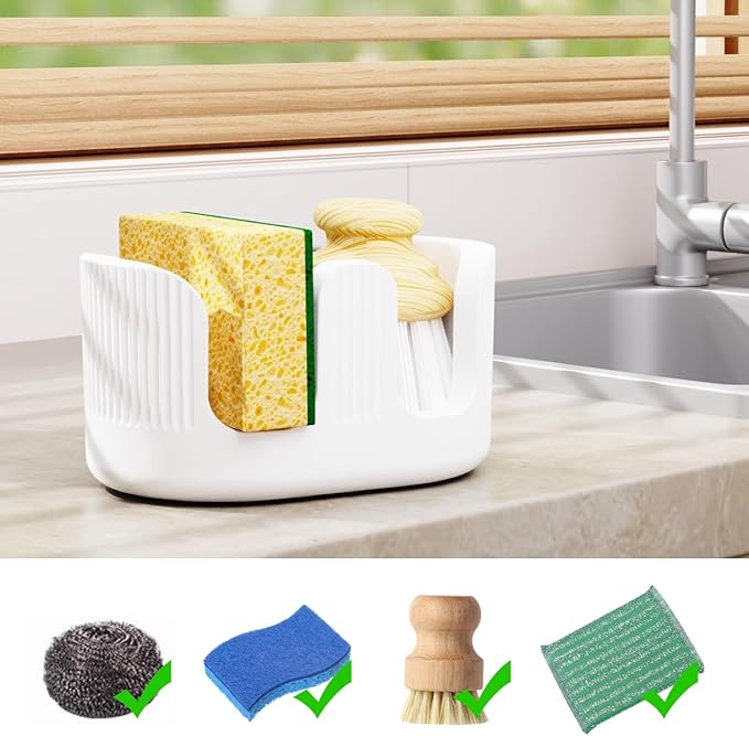 BekPooQ Ultra Absorbent Stone Sponge Holder for Kitchen Sink, 2 Slot Diatomite Dish Brush Sponge Holder, Diatomite Stone Sink Tray, Rustproof Sinks Caddy for Countertop, Double, White