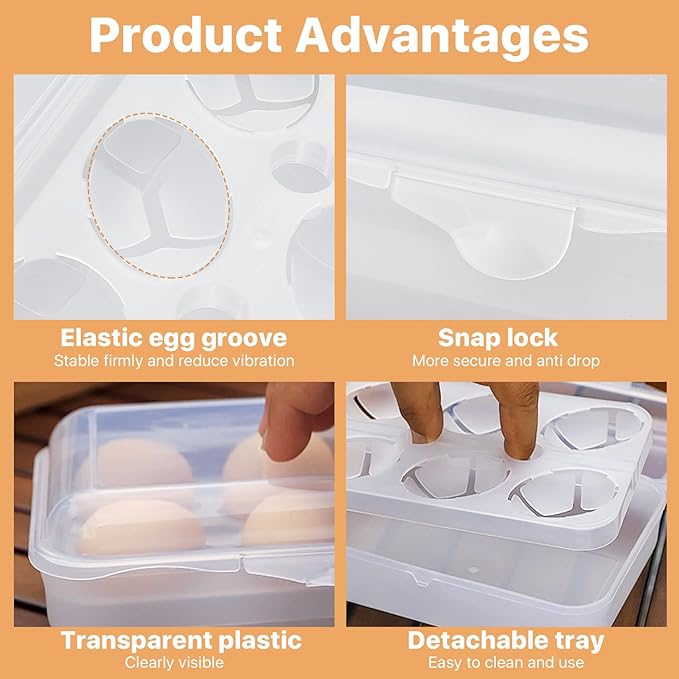 2 Pack Egg Container for Refrigerator, Shockproof 6 Grid Egg Storage Box Plastic Crisper Egg Holder for Countertop, Portable Egg Carriage for Outdoor Camping Picnic