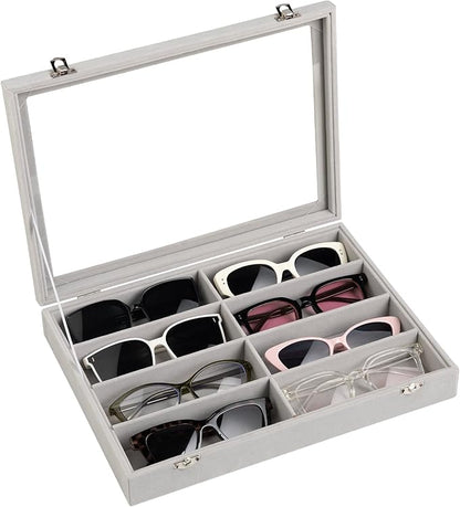 Frebeauty Sunglass Organizer,Velvet Glasses Organizer,8-Slot Sunglasses Tray with Clear Lid,Men's/Women's Sunglasses Box,Sunglass Case,13.3 x 9.6 x 2.2 Inches,Eyeglass/Eyewear Display Tray(Grey)