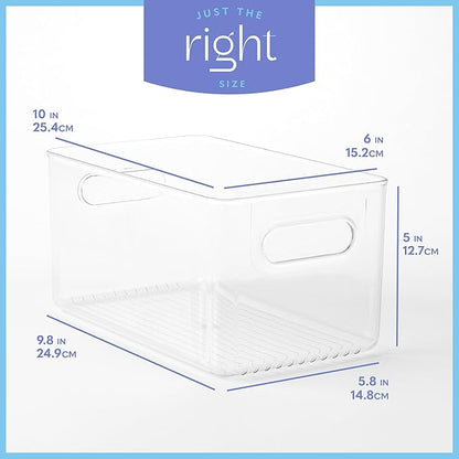 primebox Plastic Food Storage 2 Pack Clear Container Bin with Handles for Organizing Kitchen, Pantry, Refrigerator, Freezer, Pantry, Cabinet, Closet, Bathroom. 10”x6”x5”
