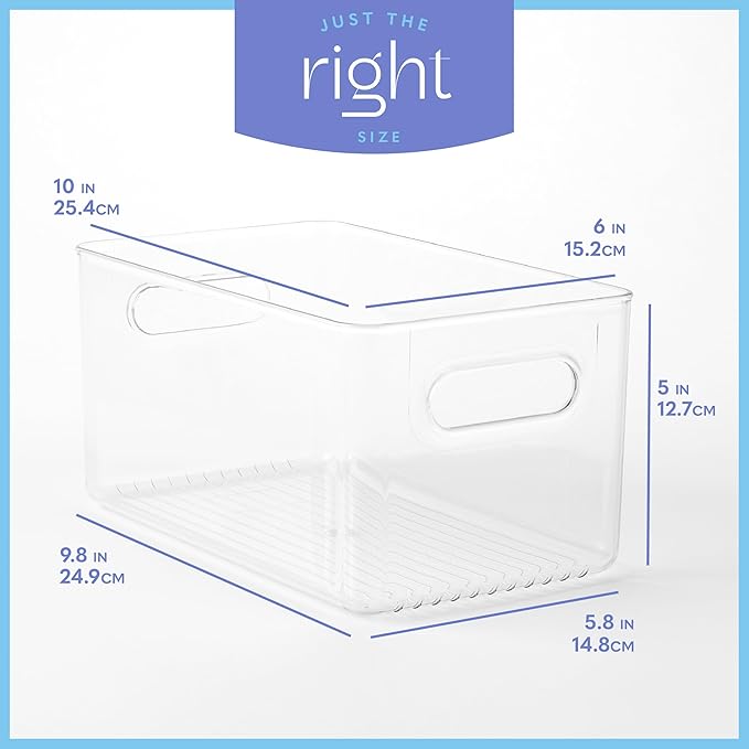 primebox Plastic Food Storage 6 Pack Clear Container Bin with Handles for Organizing Kitchen, Pantry, Fridge, Freezer, Pantry,Bathroom. 10"x6"x5"