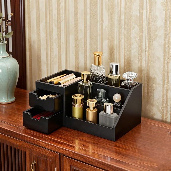 UUyuality Countertop Perfume & Makeup Organizer - Wooden Rack, Cologne Stand Shelves & Skincare Organizer for Bedroom Dresser, Organizador de Perfumes Estante para Perfumes (Middle, 01) (Black, 01)