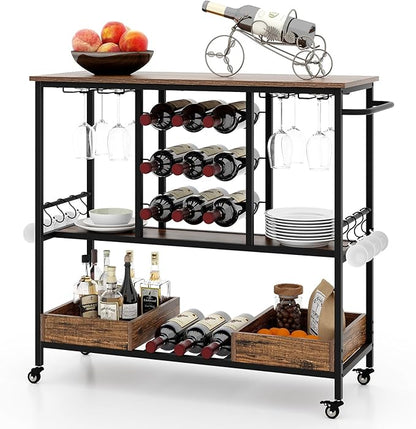 Giantex Bar Cart, 3 Tier Home Serving Cart on Wheels with Handle, Glass Racks, Wine Holders, Hooks & Storage Boxes, Industrial Rolling Beverage Cart for Kitchen, Dining Room, Living Room, Rustic Brown