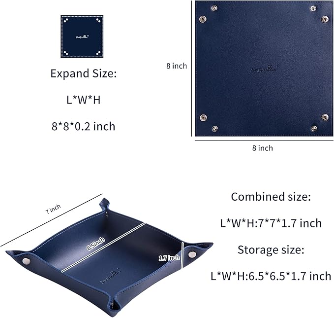 SANQIANWAN Leather Jewelry Valet Tray for Women and Man, Portable Entryway Table Tray Bedside Nightstand Desk Tray Small Catchall Travel Dish Plate for Key,Wallet,Watch,Coin (8x8, Blue-B)