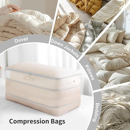 Easortm Comforter Storage Bag - Large Capacity Bedding Storage Bags Ultra Space Saving Self Compression Organizer, Washable Compression Bags for Storage Comforter Blanket Duvet Pillow, 2-Pack, Beige