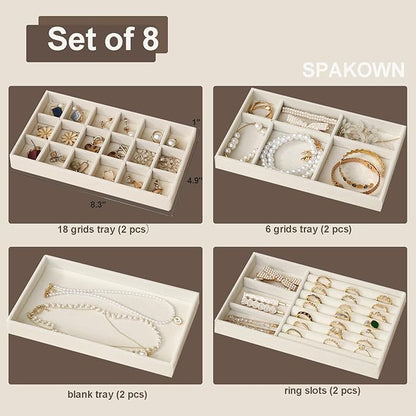 SPAKOWN Jewelry Drawer Organizer Inserts Set of 8, Small Stackable Jewelry Tray with Removable Dividers for Earrings Necklaces Rings Bracelets (Beige)