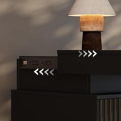 BOXACTION Black Nightstand with 3 Drawers and LED Light, Mid Century Modern Fluted Night Stand with Charging Station, Bedside Table & End Table for Bedroom