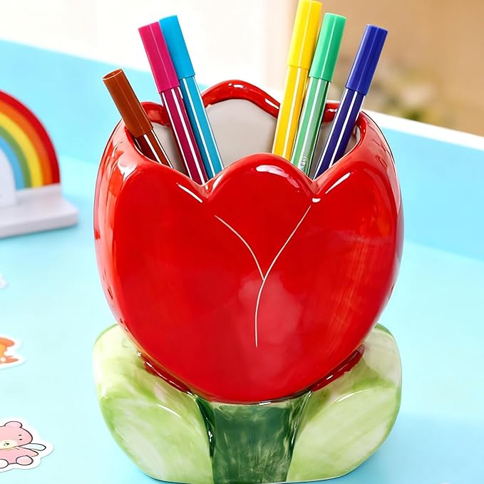 Pencil Holder for Desk Tulips Vase Decor Aesthetic Cute Toothbrush Holder Pen Holder for Office Makeup Brush Holder Red Kawaii Desk Accessories Home Decor Birthday Gifts for Women