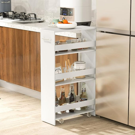 LOKO 4-Tier Rolling Storage Cart, 8 Inches Slim Kitchen Cart on Wheels with Open Shelves & Handle, Laundry Room Cart Between Washer and Dryer, for Narrow Space Bathroom Next to Fridge (White)