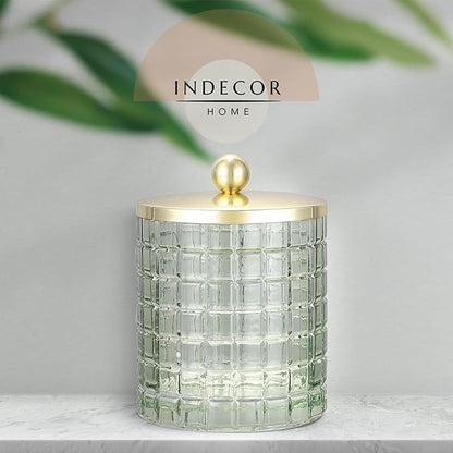 Indecor Home Sage Colored Tranlucent Apothecary Etched Geometric Grid Glass Jar W/Gold Metal Lid Cover for Bathroom Organization, Cotton Balls, Q Tips, and Small Accessories, Bathroom Storage