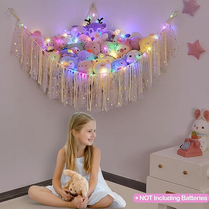 FIOBEE Stuffed Animals Net or Hammock with LED Light, Toy Hammock Hanging Stuffed Animals Storage Organizer Holder Room Décor for Nursery Kids Bedroom