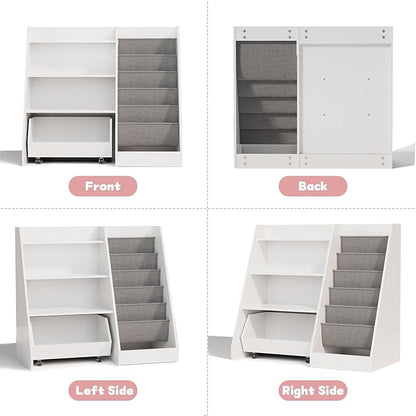 COZPAW Kids Bookshelf and Toy Storage, 4 Tier Toddler Bookshelf with Movable Drawer 5 Sling Pockets, Montessori Book Shelf for Kids Room, Playroom, Nursery (White)