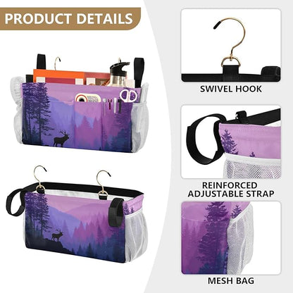 CuwrYet Bedside Caddy Hanging Bunk Bed Caddy Bed Organizer Hanging Pocket with 2 Hooks Bedside Storage Organizer Pocket Bag Holder Purple Stag Mountains and Forest