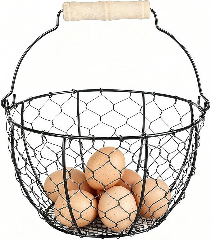 Egg Basket With Handle,Wire Egg Basket for Gathering Fresh Eggs, Round Egg Collecting Basket for Farm,Vintage Style Chicken and Duck Eggs Basket Egg Countertop Storage Container Holder ﻿