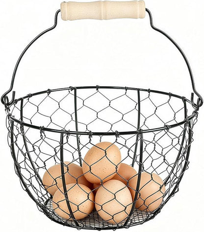 Egg Basket With Handle,Wire Egg Basket for Gathering Fresh Eggs, Round Egg Collecting Basket for Farm,Vintage Style Chicken and Duck Eggs Basket Egg Countertop Storage Container Holder ﻿