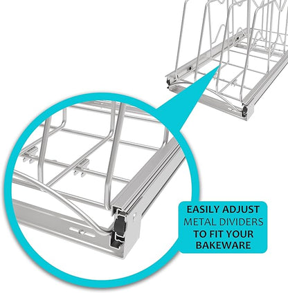 STORKING Pull Out Cookie Sheet Organizer for Cabinet, Pan and Pot, Cutting Board, Bakeware, Tray Organizer Rack, Sliding Rack- Heavy Duty, Adjustable Divider Width, 10" W x 22" D x 11" H, Chrome
