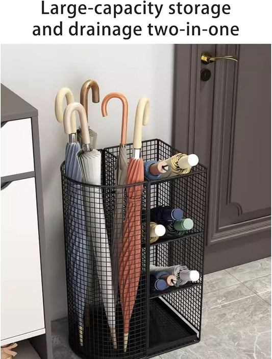 Commercial Metal Umbrella Holder Indoor Large-Capacity Umbrella Storage Shelf Umbrella Basket with Removable Drip Tray for Entryway Metal Entrance Umbrellas Organizer(Black)