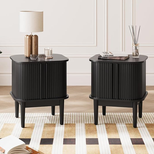 Set of 2 Fluted Nightstand with Sliding Doors, Modern Bedside Table with Solid Wood Legs, Wood Night Stand for Bedroom (Black)