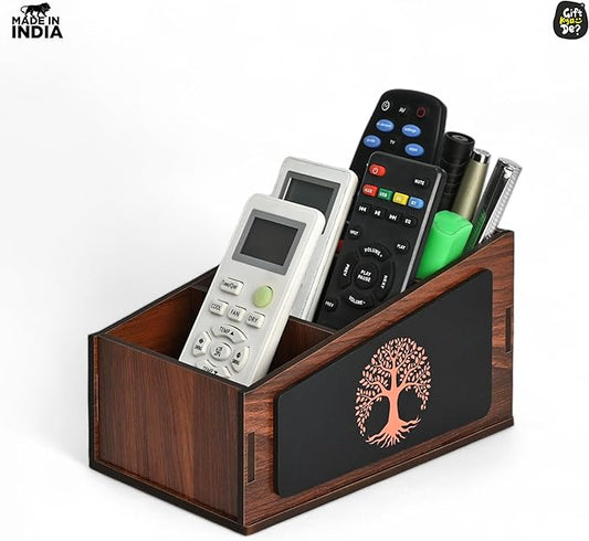GKD Remote Stand with 3 Sections | Wooden Remote Holder for Living Room, TV, and AC | Stationary Organizer | 3 in 1 | Ideal for Home and Office, New Year Gift, Housewarming Gift (Tree Wood)