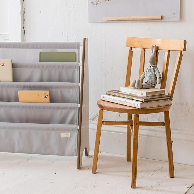 3 Sprouts Recycled Fabric Kids Bookshelf – 4-Tier Sling Book Rack Organizer - Nursery Room Playroom Classroom Wooden Book Shelves - Kid Bookcase Wood Storage Shelf for Toddler Age 3+ - Gray
