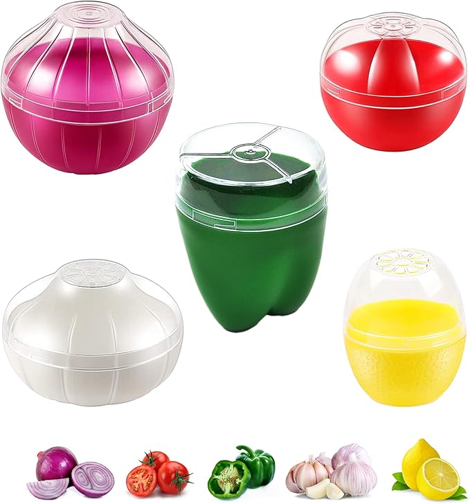 Magicaleast 5PCS Fruit and Vegetable Shaped Savers Storage Onion Tomato Lemon Green Pepper and Garlic Containers for Fridge Vegetable Crisper Makes Food Stays Fresh Longer