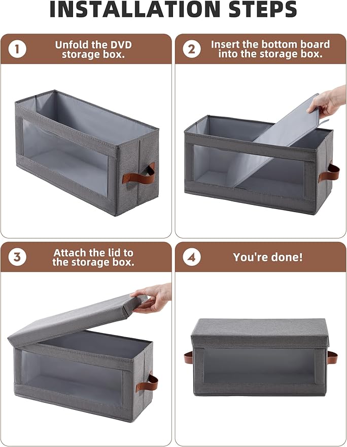 4 Pack DVD Storage Box with Visible Window, Dustproof CD/DVD Case Holder Organizer Rack Can Hold Up to 104 DVD, Blu-ray & CD Storage, Stackable and Lid Design-Grey