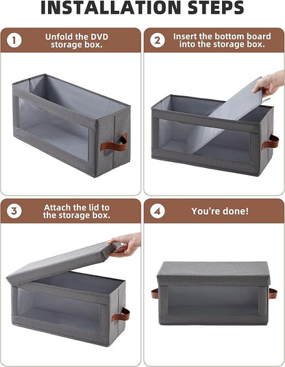 4 Pack DVD Storage Box with Visible Window, Dustproof CD/DVD Case Holder Organizer Rack Can Hold Up to 104 DVD, Blu-ray & CD Storage, Stackable and Lid Design-Grey