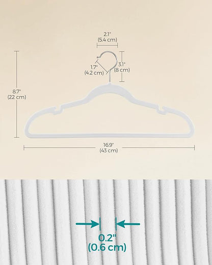 SONGMICS Velvet Hangers 50 Pack, Non-Slip Clothes Hangers with Shoulder Notches, Pants Bar, 360° Swivel Hook, Space-Saving, for Closet, Cloud White UCRF029W05