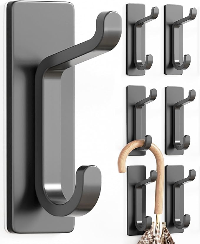 pickpiff Wall Hooks for Coat and Towel: Adhesive Door Hanger Stick on, Grey 6 Pack